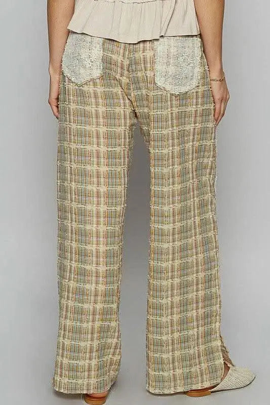 POL Lace Trim Drawstring Checkered Wide Leg Pants - Sleekdenim.com