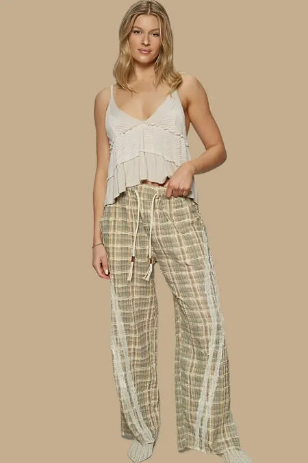 POL Lace Trim Drawstring Checkered Wide Leg Pants - Sleekdenim.com