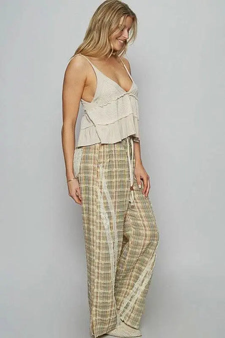 POL Lace Trim Drawstring Checkered Wide Leg Pants - Sleekdenim.com