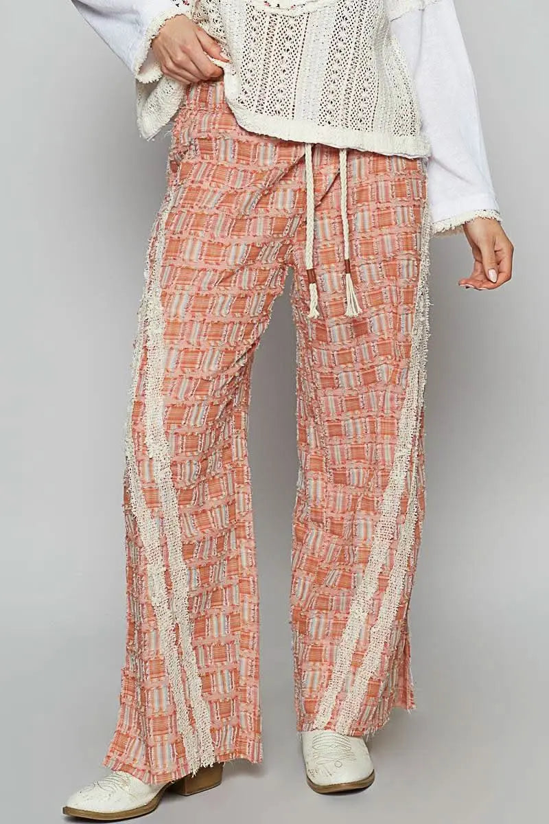 POL Lace Trim Drawstring Checkered Wide Leg Pants - Sleekdenim.com