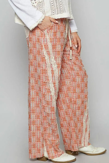 POL Lace Trim Drawstring Checkered Wide Leg Pants - Sleekdenim.com