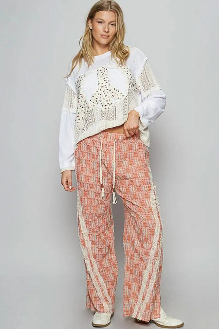 POL Lace Trim Drawstring Checkered Wide Leg Pants - Sleekdenim.com