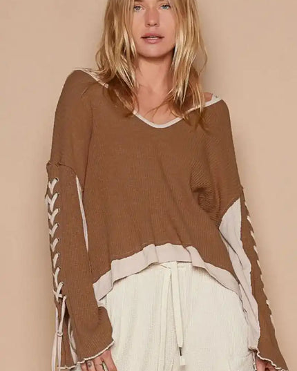 POL Lace-Up Sleeve Color Block Ribbed Knit Top - Sleekdenim.com