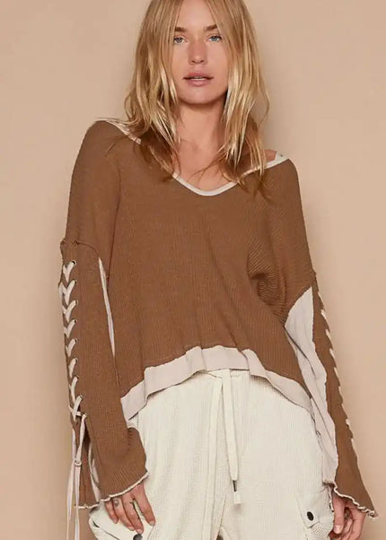 POL Lace-Up Sleeve Color Block Ribbed Knit Top - Sleekdenim.com