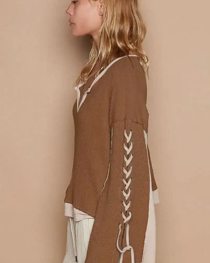POL Lace-Up Sleeve Color Block Ribbed Knit Top - Sleekdenim.com