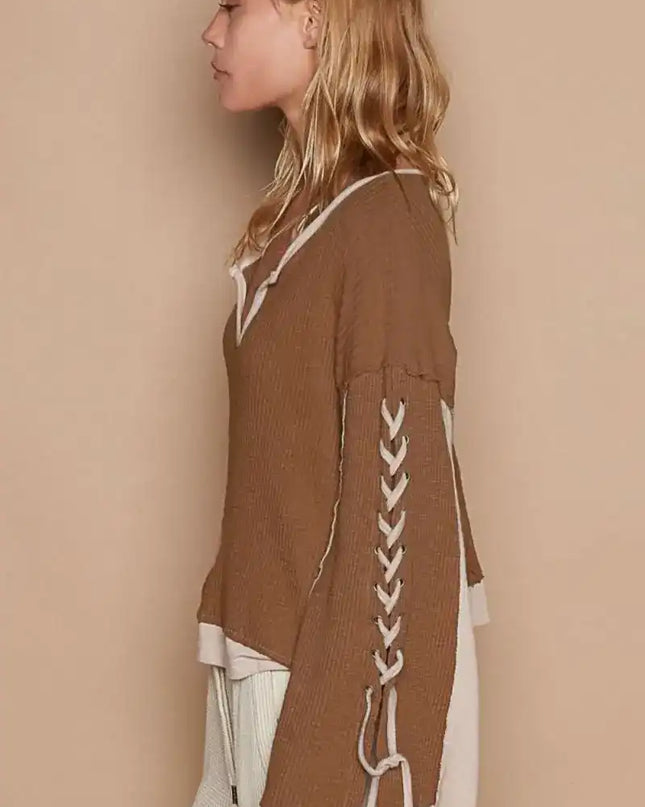 POL Lace-Up Sleeve Color Block Ribbed Knit Top - Sleekdenim.com