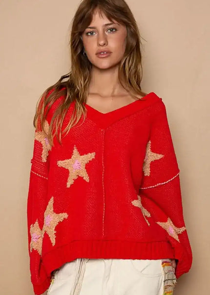 POL Long Sleeve Star Patch Sweater - Sleekdenim.com