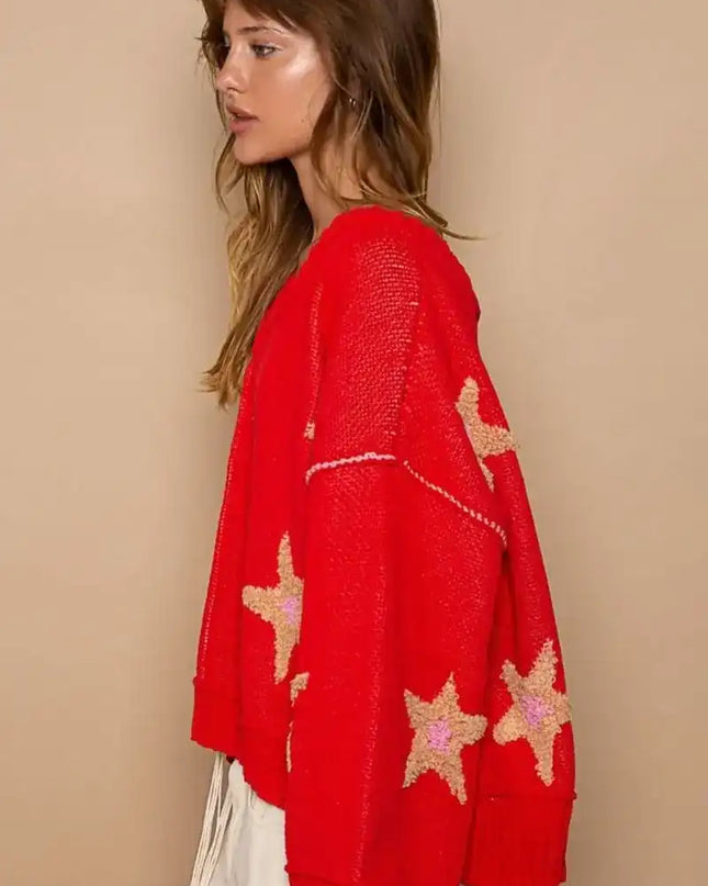 POL Long Sleeve Star Patch Sweater - Sleekdenim.com