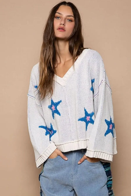 POL Long Sleeve Star Patch Sweater - Sleekdenim.com