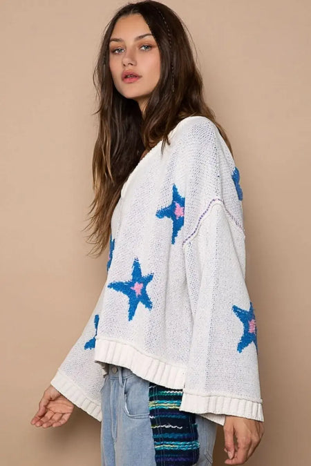 POL Long Sleeve Star Patch Sweater - Sleekdenim.com