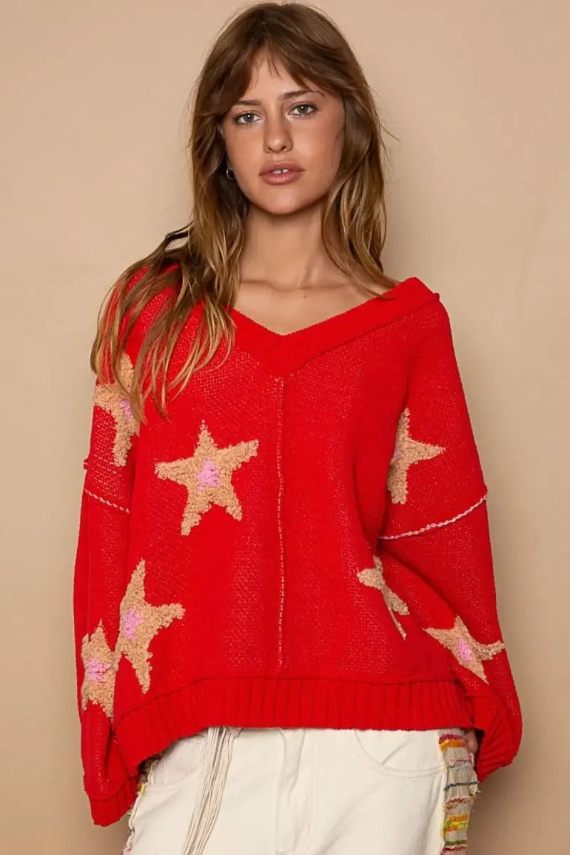 POL Long Sleeve Star Patch Sweater - Sleekdenim.com