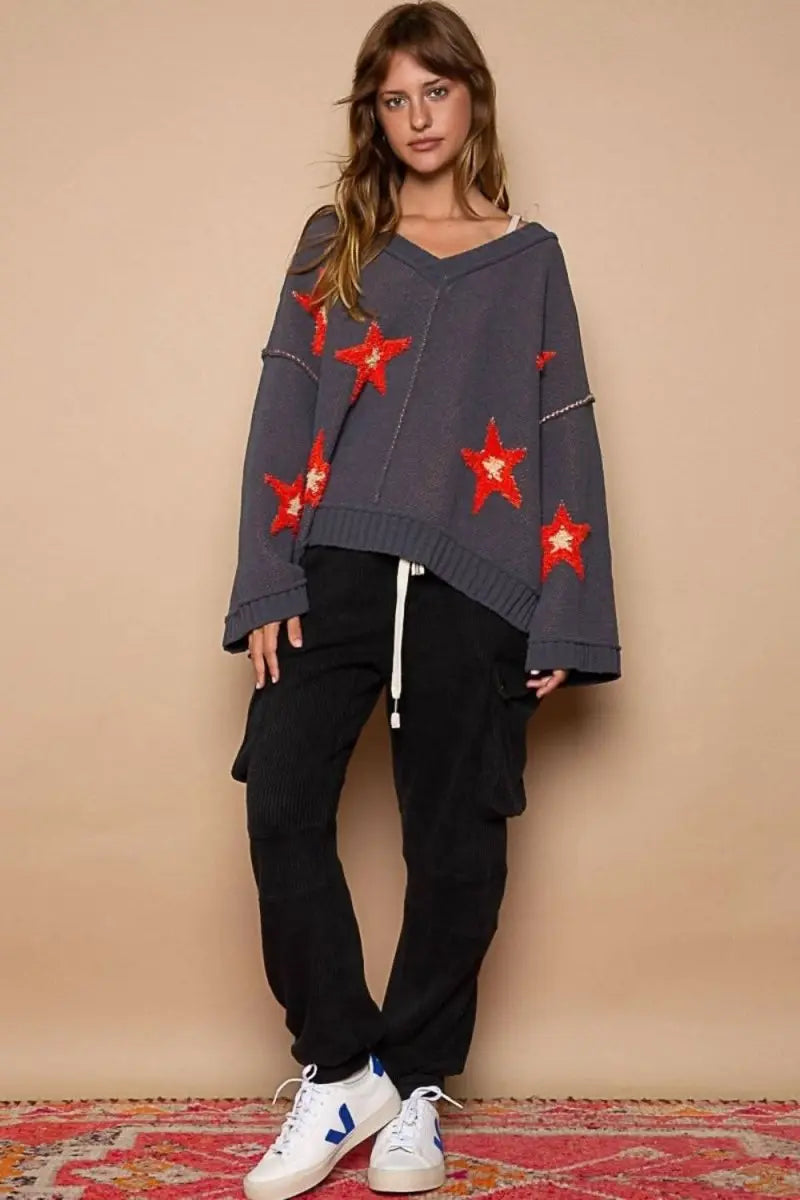 POL Long Sleeve Star Patch Sweater - Sleekdenim.com