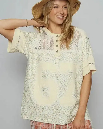 POL Number Floral Crochet Button Detail Half Sleeve Top - Sleekdenim.com