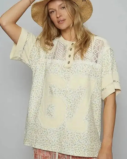 POL Number Floral Crochet Button Detail Half Sleeve Top - Sleekdenim.com