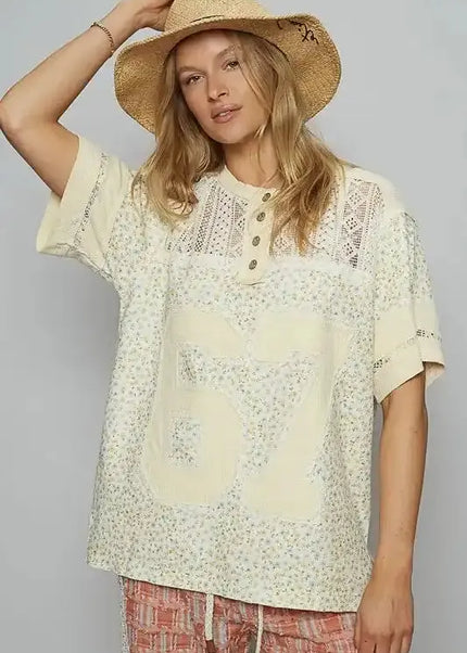 POL Number Floral Crochet Button Detail Half Sleeve Top - Sleekdenim.com