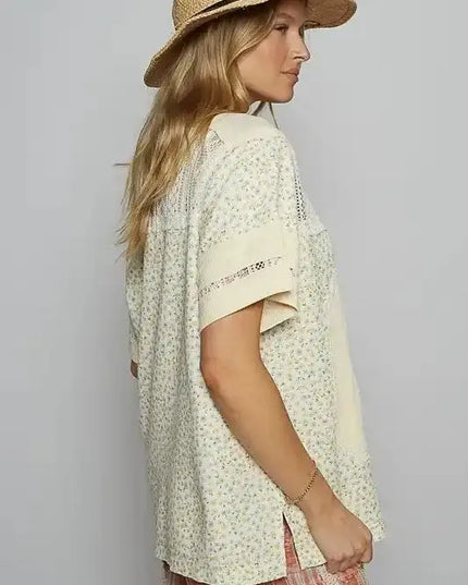 POL Number Floral Crochet Button Detail Half Sleeve Top - Sleekdenim.com