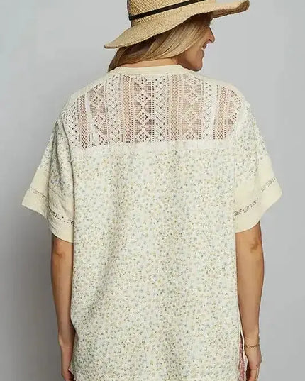 POL Number Floral Crochet Button Detail Half Sleeve Top - Sleekdenim.com