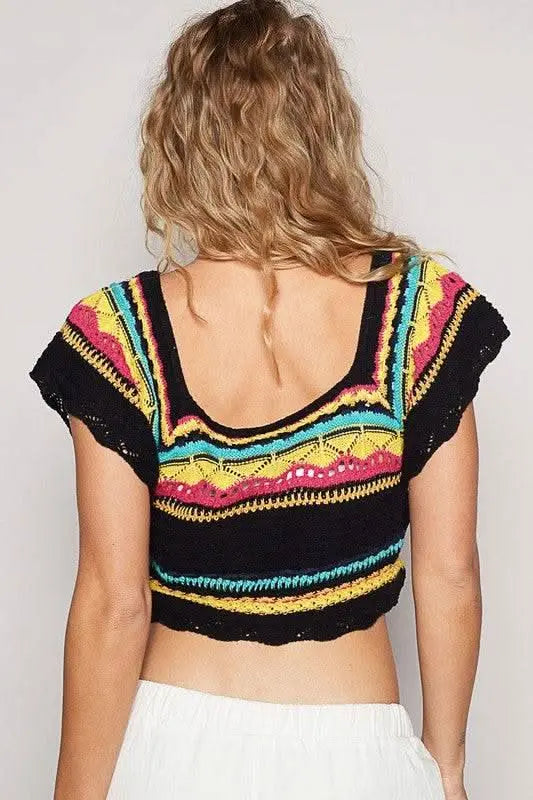 POL Openwork Ethnic Pattern Square Neck Cropped Knit Top - Sleekdenim.com