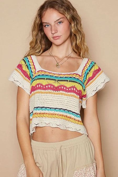 POL Openwork Ethnic Pattern Square Neck Cropped Knit Top - Sleekdenim.com