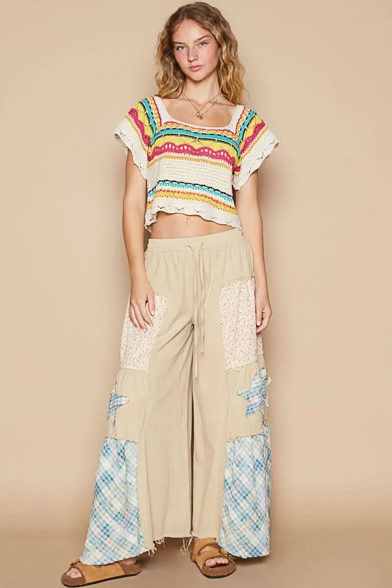 POL Openwork Ethnic Pattern Square Neck Cropped Knit Top - Sleekdenim.com