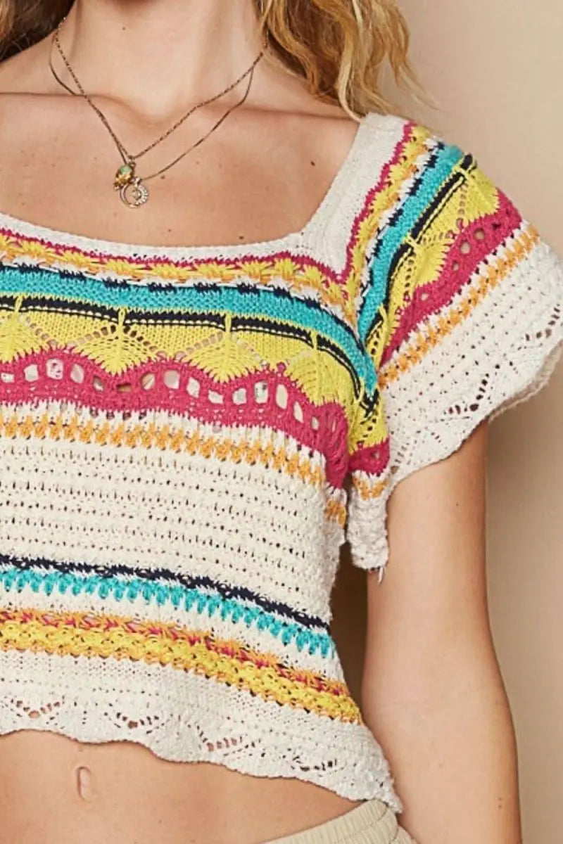 POL Openwork Ethnic Pattern Square Neck Cropped Knit Top - Sleekdenim.com