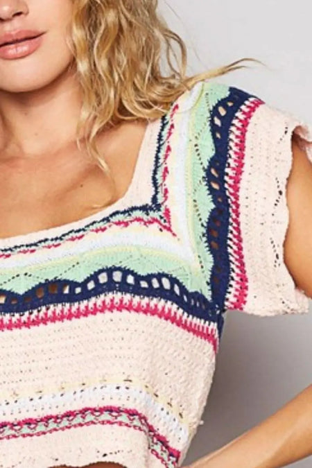 POL Openwork Ethnic Pattern Square Neck Cropped Knit Top - Sleekdenim.com