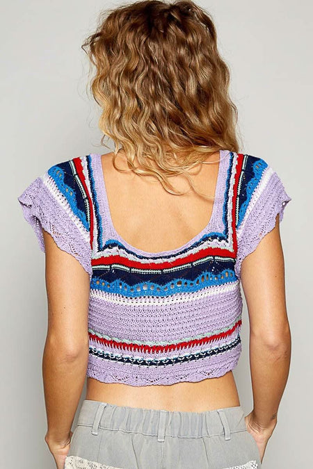 POL Openwork Ethnic Pattern Square Neck Cropped Knit Top - Sleekdenim.com