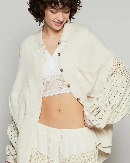 POL Openwork Lantern Sleeve Button Down Gauze Shirt - Sleekdenim.com