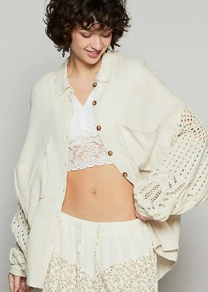 POL Openwork Lantern Sleeve Button Down Gauze Shirt - Sleekdenim.com