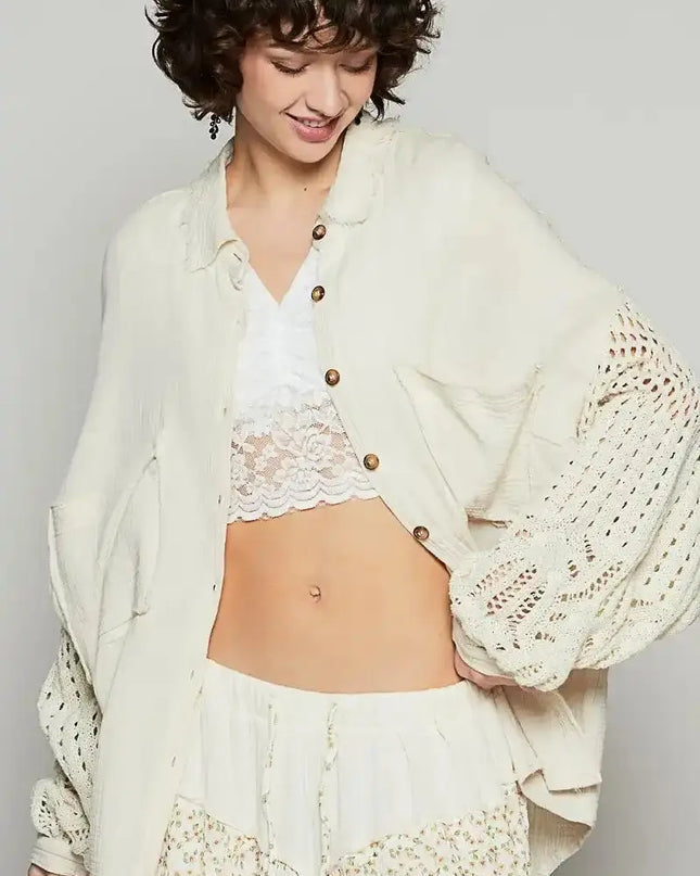 POL Openwork Lantern Sleeve Button Down Gauze Shirt - Sleekdenim.com