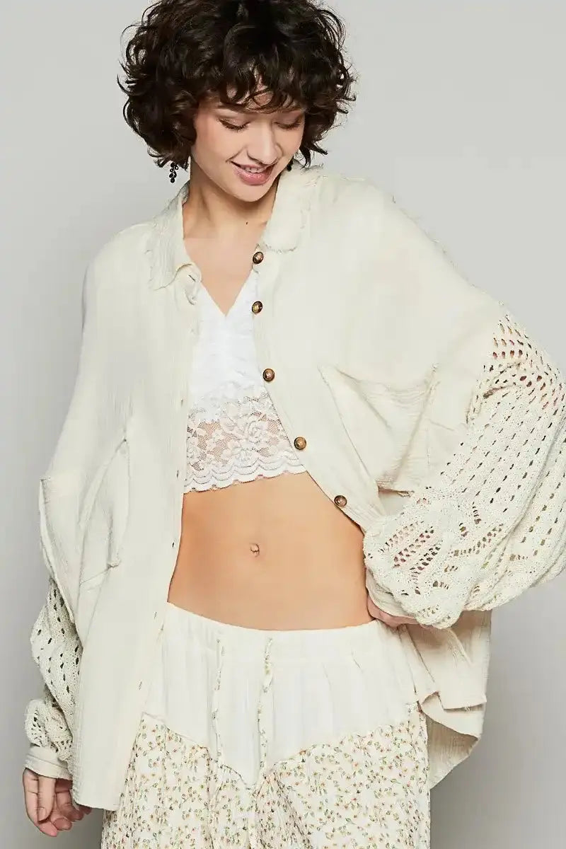 POL Openwork Lantern Sleeve Button Down Gauze Shirt - Sleekdenim.com