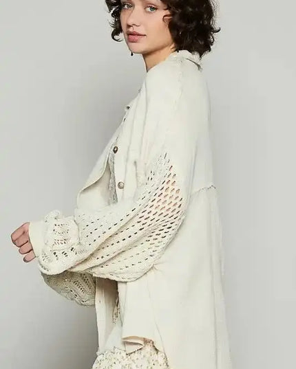 POL Openwork Lantern Sleeve Button Down Gauze Shirt - Sleekdenim.com