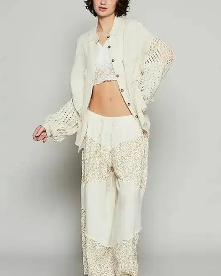 POL Openwork Lantern Sleeve Button Down Gauze Shirt - Sleekdenim.com