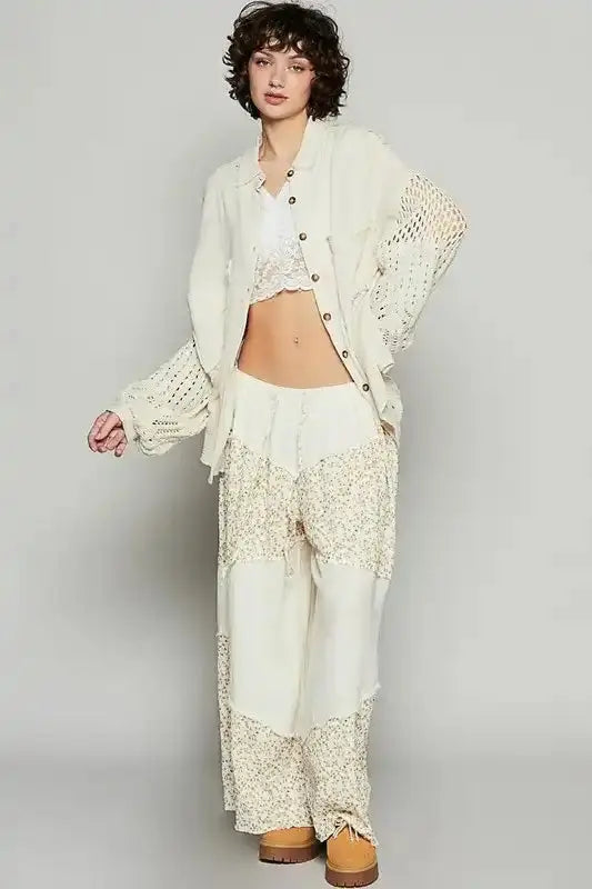 POL Openwork Lantern Sleeve Button Down Gauze Shirt - Sleekdenim.com