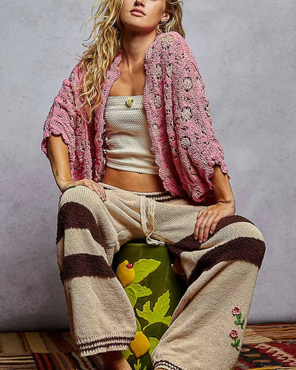 POL Openwork V-Neck Chenille Cardigan with Contrast Floral - Sleekdenim.com