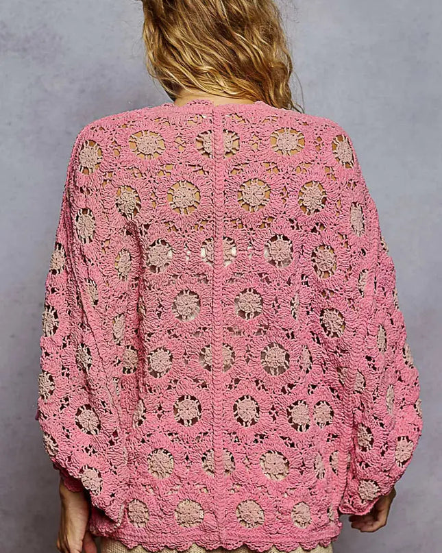 POL Openwork V-Neck Chenille Cardigan with Contrast Floral - Sleekdenim.com