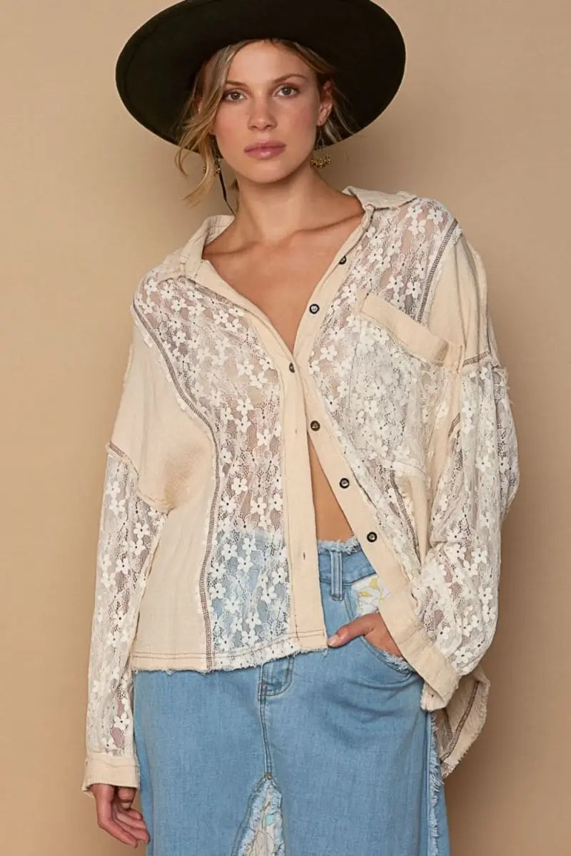 POL Oversize Lace Button - Down Shirt - Sleekdenim.com