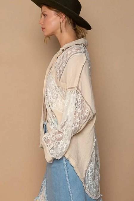 POL Oversize Lace Button - Down Shirt - Sleekdenim.com