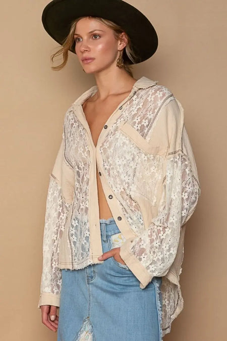 POL Oversize Lace Button - Down Shirt - Sleekdenim.com