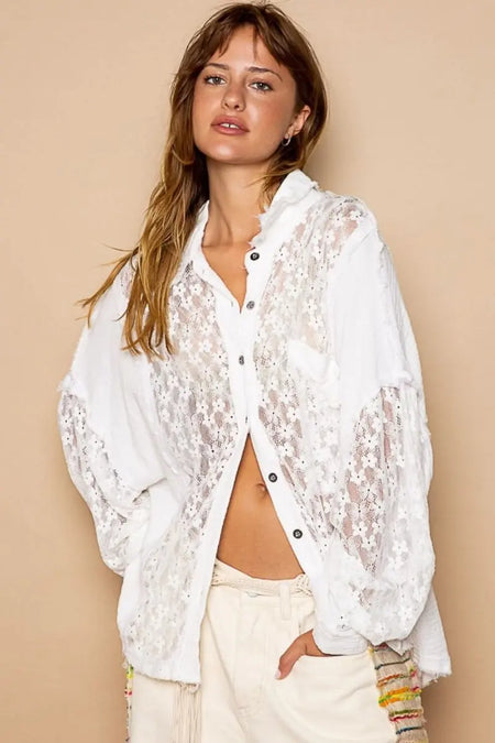 POL Oversize Lace Button - Down Shirt - Sleekdenim.com