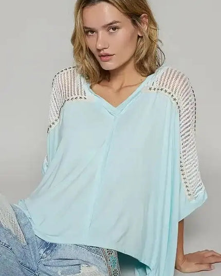 POL Oversize V-Neck Crochet Lace Contrast Studded Top - Sleekdenim.com