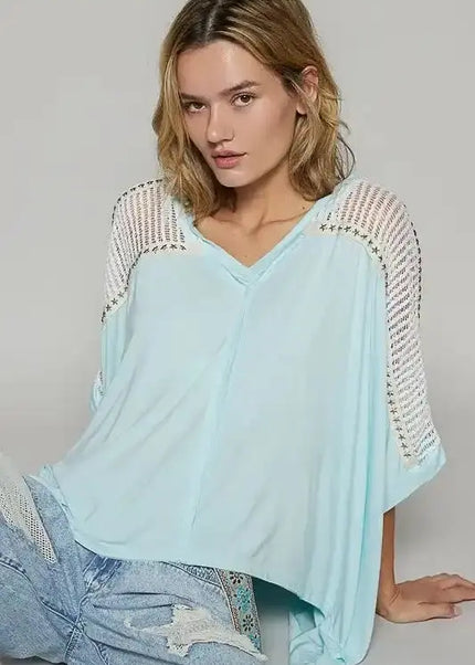 POL Oversize V-Neck Crochet Lace Contrast Studded Top - Sleekdenim.com