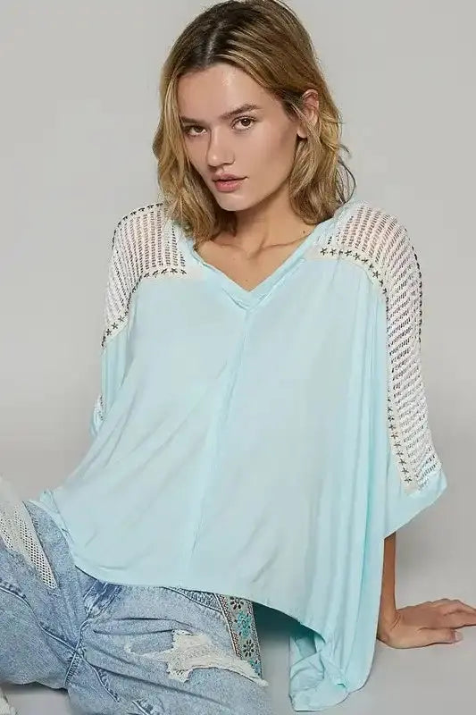 POL Oversize V-Neck Crochet Lace Contrast Studded Top - Sleekdenim.com