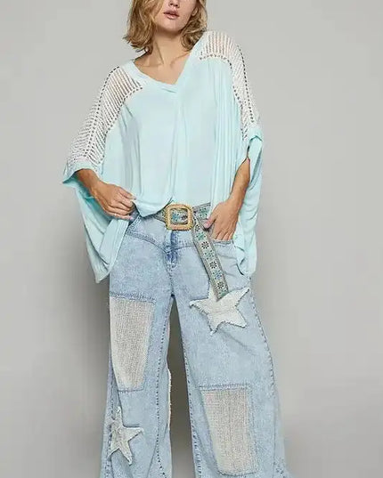 POL Oversize V-Neck Crochet Lace Contrast Studded Top - Sleekdenim.com