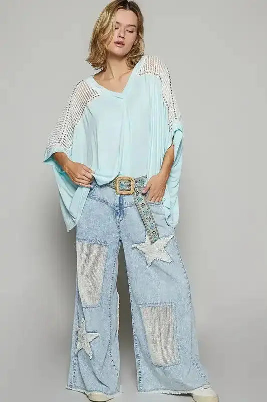 POL Oversize V-Neck Crochet Lace Contrast Studded Top - Sleekdenim.com