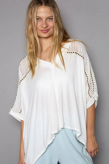 POL Oversize V - Neck Crochet Lace Contrast Studded Top - Sleekdenim.com