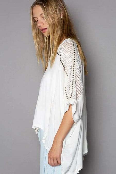 POL Oversize V - Neck Crochet Lace Contrast Studded Top - Sleekdenim.com