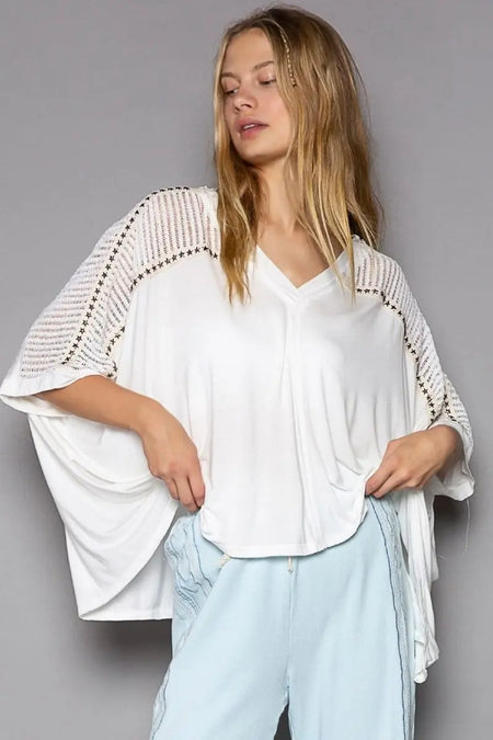 POL Oversize V - Neck Crochet Lace Contrast Studded Top - Sleekdenim.com