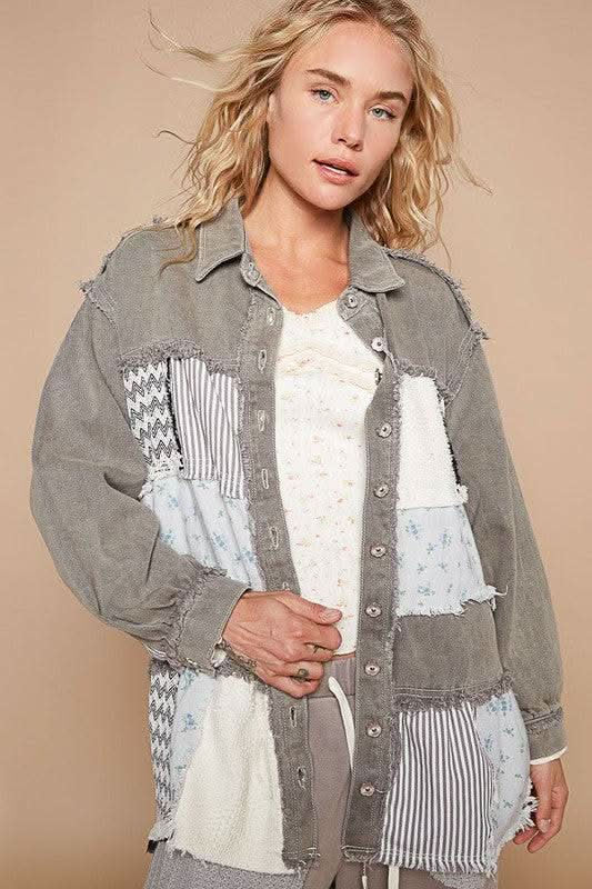 POL Raw Hem Patchwork Dropped Shoulder Jacket - Sleekdenim.com