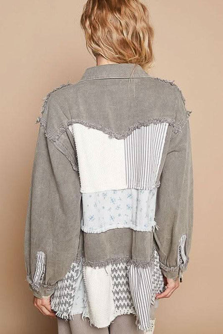 POL Raw Hem Patchwork Dropped Shoulder Jacket - Sleekdenim.com